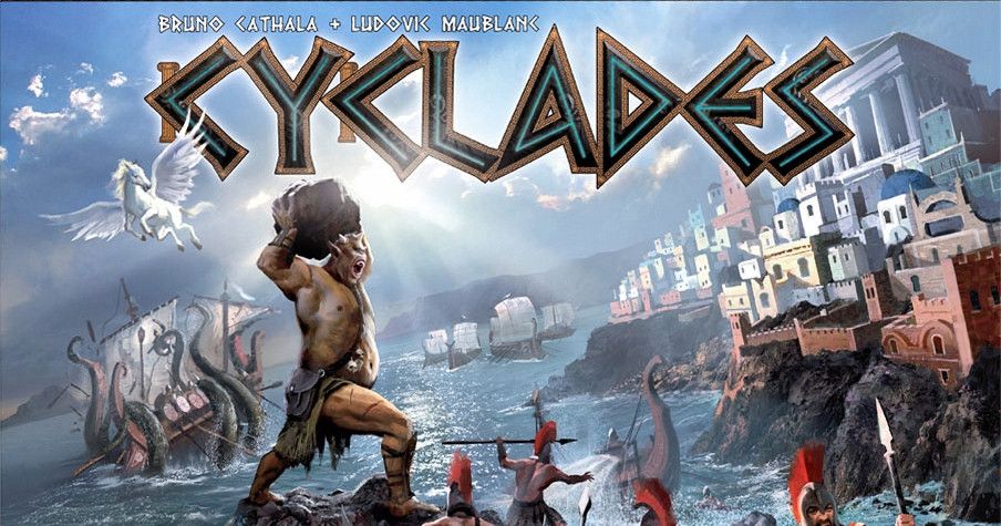 Box art for Cyclades, a Greek-mythology area control board game with miniature ships and mythological creatures.