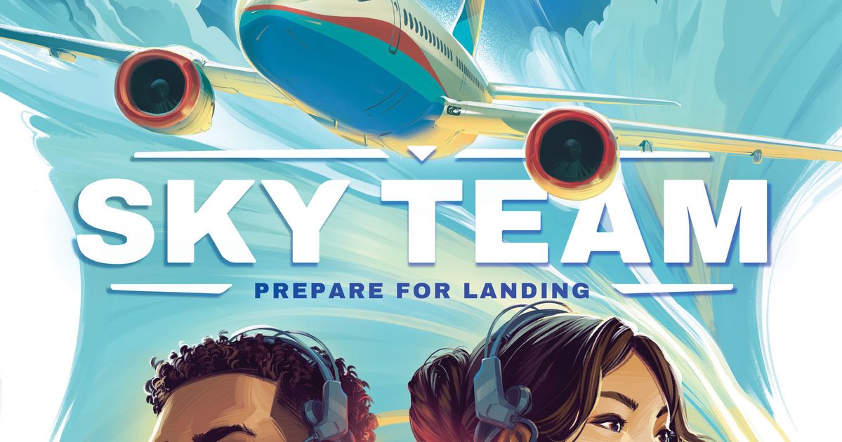 Box art for Sky Team, a two-player cooperative dice game about landing a commercial airplane in the cockpit.